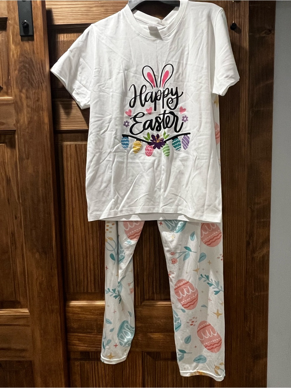 White "Happy Easter" Pajama Set with Pastel Egg Print